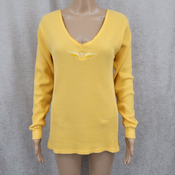 Harley Davidson Vintage Yellow Waffle Knit V-Neck Sweater Top Shirt - Picture 1 of 8